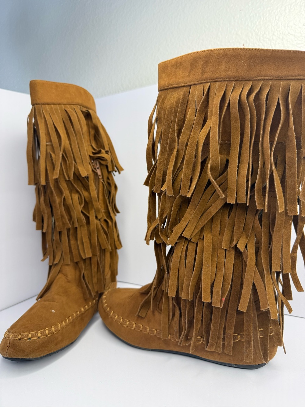 Fringe Suede Knee-High Boots - Brown